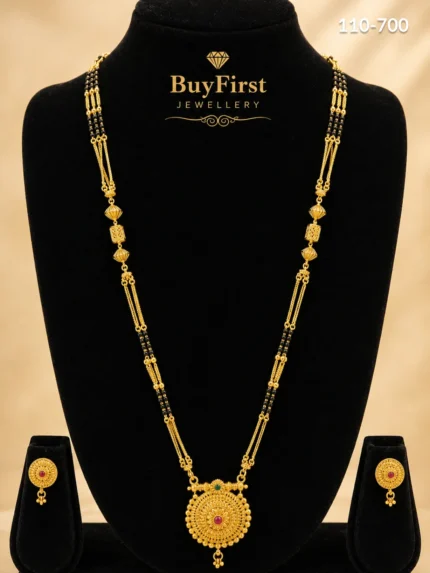 1 Gram Jewellery Classic Round Floral Medallion Long Mangalsutra Set with Matching Earrings Gold Plated