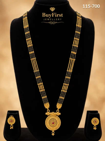 1 Gram Jewellery Classic Round Lattice Long Mangalsutra Set with Matching Earrings Gold Plated