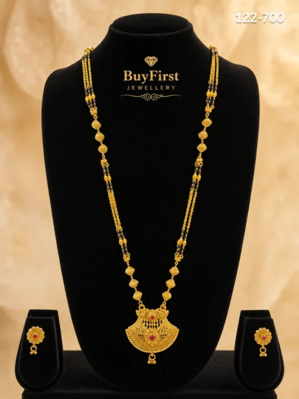 1 Gram Jewellery Traditional Shield Floral Long Mangalsutra Set with Matching Earrings Gold Plated